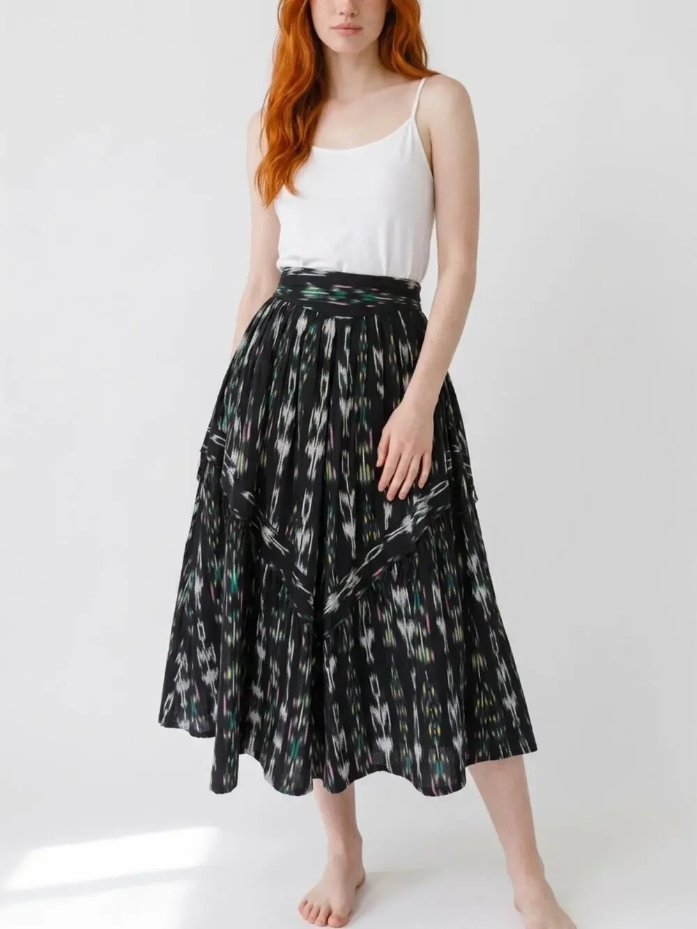 Vintage Ikat El Huarache skirt Sz M fringe Tiered Boho Gypsy Full ethnic 70s